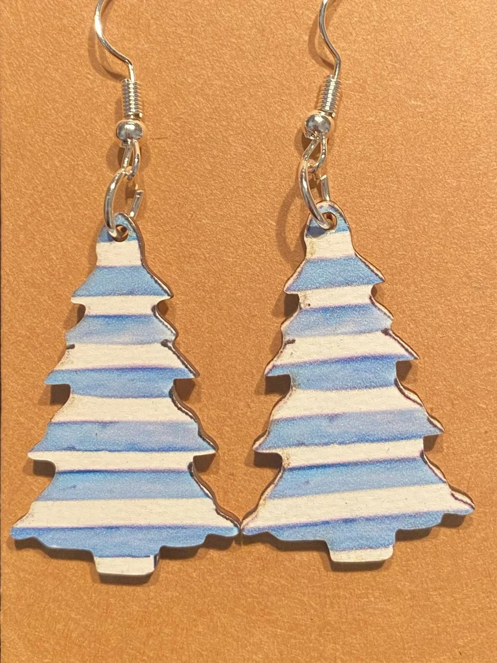 *Buy Now* Blue Striped Christmas Tree Wooden Earrings